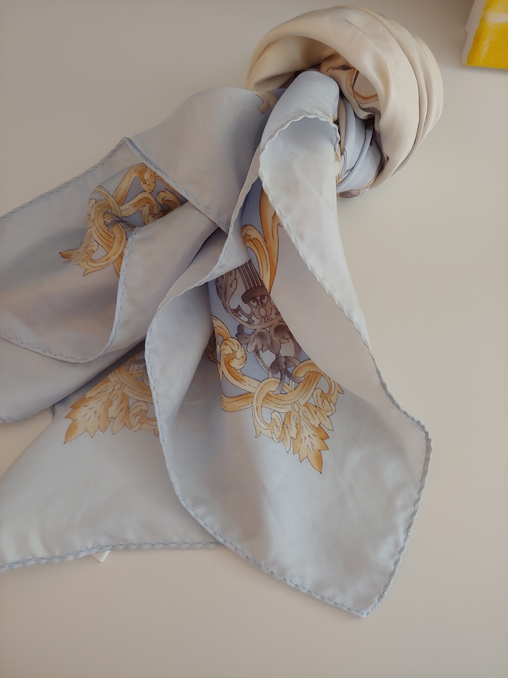 Elegant Light Blue Scarf Silk Scarf with Gold Baroque Accent